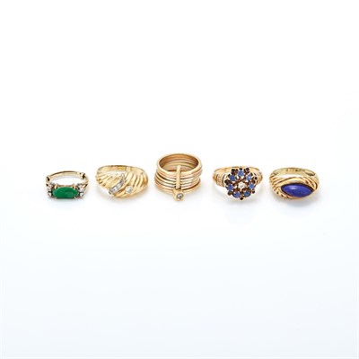 Lot 1481 - Five Tricolor Gold, Gem-Set and Enamel Rings