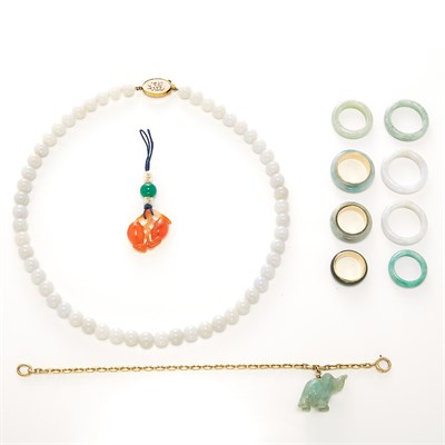 Lot 1641 - Gold, Multicolored Jade and Nephrite Bead Necklace, Charm Bracelet, Glass Bead Charm and Eight Band Rings