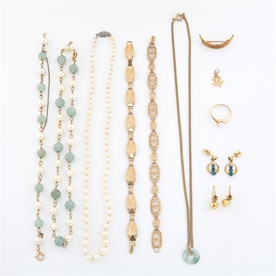 Lot 1694 - Group of Low Karat Gold, Gold, Cultured Pearl, Hardstone and Jade Jewelry