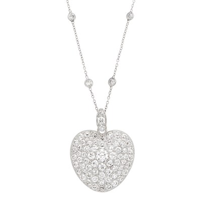 Lot 162 - Antique Platinum, Gold, and Diamond Heart Pendant with Platinum and Diamond Chain Necklace
