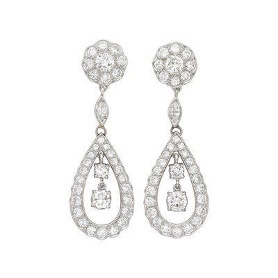 Lot 580 - Pair of Platinum and Diamond Pendant-Earrings