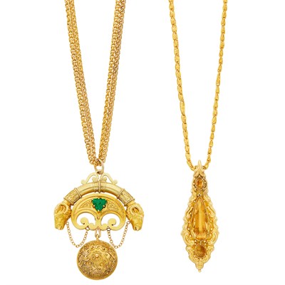 Lot 544 - Archaeological Revival Gold and Emerald Pendant with Double Strand Chain Necklace and Antique Gold and Topaz Pendant with Chain