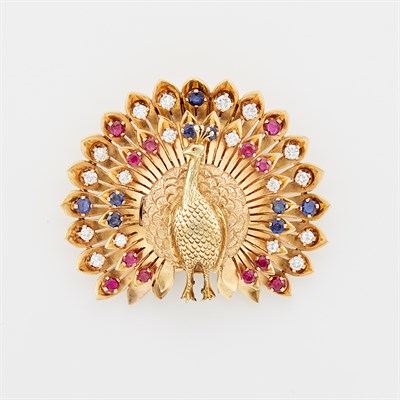 Lot 1258 - Gold, Diamond and Gem-Set Peacock Watch-Clip