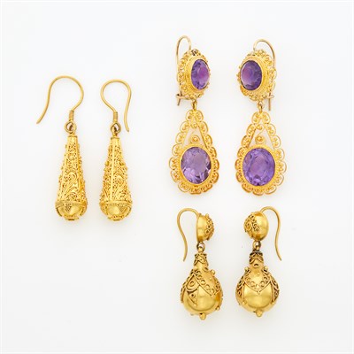 Lot 1098 - Three Pairs of Gold and Amethyst Pendant-Earrings