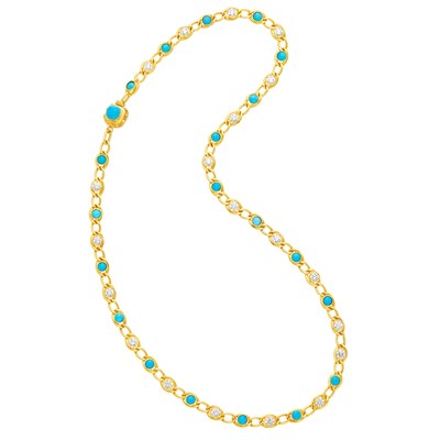 Lot 285 - Gold, Turquoise and Diamond Chain Necklace