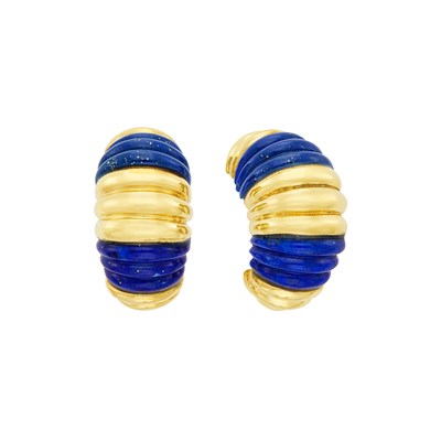 Lot 13 - Pair of Gold and Carved Lapis Half-Hoop Earclips