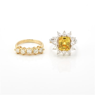 Lot 1286 - Gold and Diamond Ring and White Gold, Synthetic Yellow Sapphire and Diamond Ring