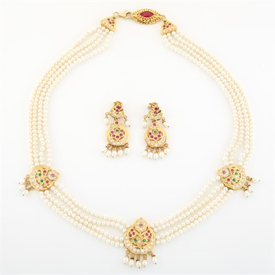 Lot 1388 - Four Strand Freshwater Pearl, Gold, Simulated Diamond and Synthetic Colored Stone Necklace and Pair of Earrings