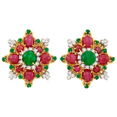 Lot 1290 - Pair of Gold, Cabochon Gem-Set and Diamond Earclips
