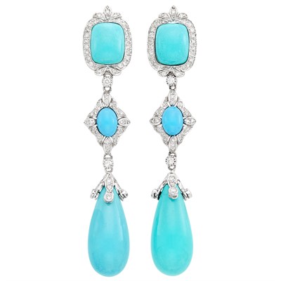 Lot 788 - Pair of White Gold, Turquoise and Diamond Pendant-Earrings