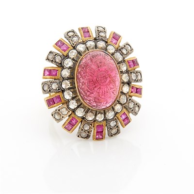 Lot 1662 - Gold, Silver, Carved Ruby, Ruby and Diamond Ring
