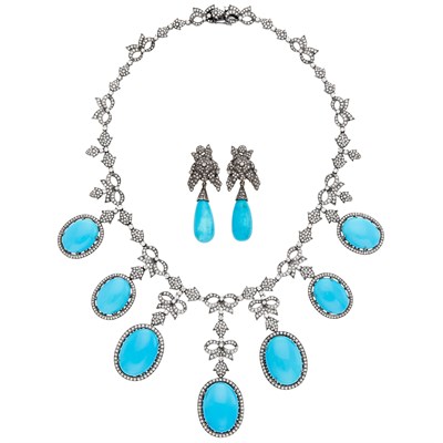Lot 1490 - Silver, Dyed Reconstituted Turquoise and Diamond Necklace and Pair of Pendant-Earrings
