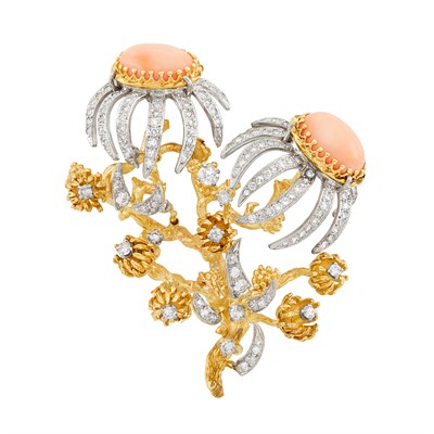 Lot 1232 - Two-Color Gold, Angel Skin Coral and Diamond Double Flower Pendant-Brooch