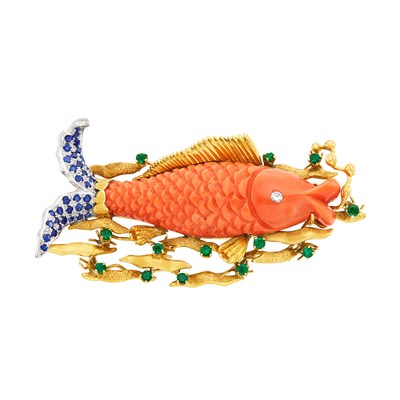 Lot 1195 - Two-Color Gold, Carved Coral and Gem-Set Diamond Fish Brooch