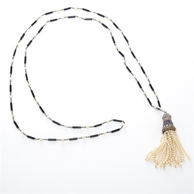 Lot 1663 - Silver, Pearl and Black Onyx Bead Necklace with Two-Color Gold, Diamond, Gem-Set and Cultured Pearl Fringe Enhancer