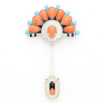 Lot 1070 - White Gold, Coral, Turquoise, Black Onyx, Frosted Rock Crystal and Diamond Jabot