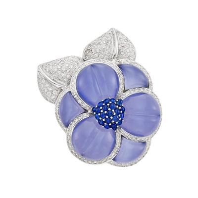 Lot 252 - White Gold, Dyed Blue Chalcedony, Diamond and Cabochon Sapphire Flower Clip-Brooch