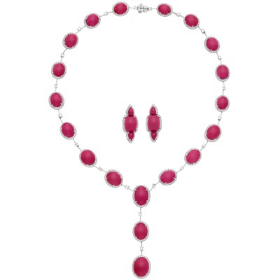 Lot 218 - White Gold, Cabochon Ruby and Diamond Necklace and Pair of Earrings