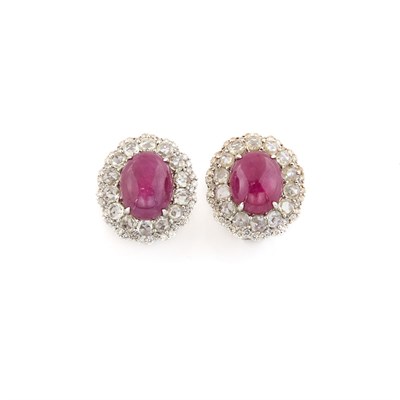 Lot 1366 - Pair of White Gold, Cabochon Ruby and Diamond Earrings