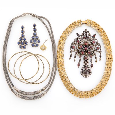 Lot 1798 - Group of Silver, Cabochon Sapphire, Garnet, Diamond and Metal Jewelry