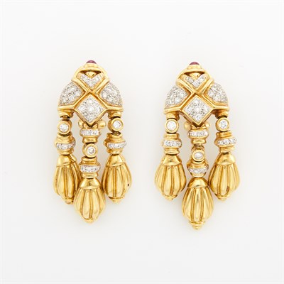 Lot 1005 - Pair of Two-Color Gold and Diamond Pendant-Earrings