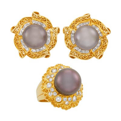 Lot 1411 - Pair of Gold, Gray Cultured Pearl and Diamond Earrings and Ring