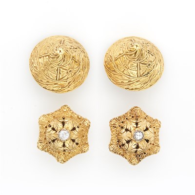 Lot 1631 - Two Pairs of Gold and Diamond Earrings