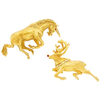 Lot 654 - Two Gold and Diamond Unicorn and Reindeer Brooches, Tiffany & Co.