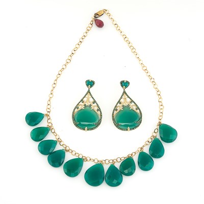 Lot 1193 - Low Karat Gold, Green Onyx and Ruby Bead Necklace and Pair of Two-Color Gold Pendant-Earrings
