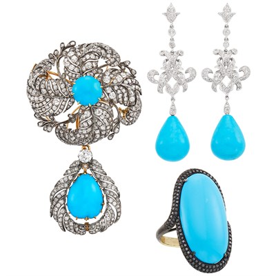 Lot 1163 - Group of Silver, White and Blackened Gold, Reconstituted Turquoise, Diamond and Black Diamond Jewelry