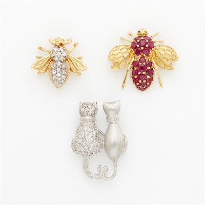 Lot 1084 - Gold and Ruby Insect Pin, Gold and Diamond Insect Pin and White Gold and Diamond Love Cat Pendant-Brooch