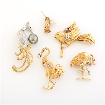 Lot 1381 - Five Tricolor Gold, Black Cultured Pearl, Freshwater Pearl and Diamond Bird Brooches