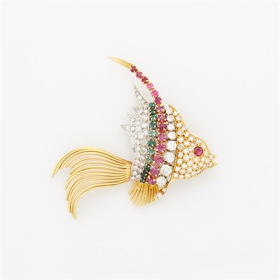 Lot 1300 - Two-Color Gold, Gem-Set and Diamond Fish Brooch