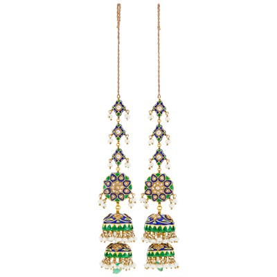Lot 322 - Pair of Indian Gold, Freshwater Pearl, Jaipur Enamel, Emerald Bead and Foil-Backed White Sapphire Pendant-Earrings