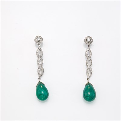 Lot 1119 - Pair of White Gold, Cabochon Emerald and Diamond Pendant-Earrings
