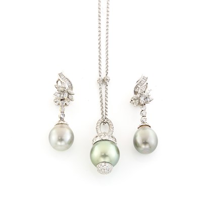 Lot 1510 - Pair of White Gold, Gray Cultured Pearl and Diamond Pendant-Earrings and Pendant-Necklace