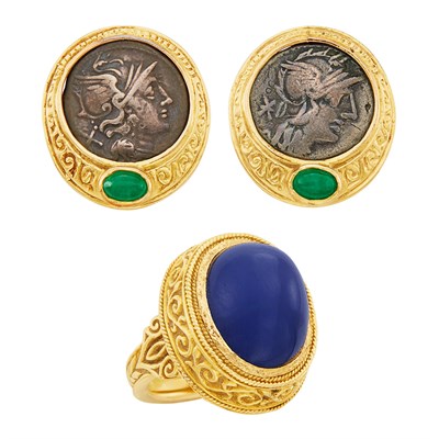 Lot 1446 - Gold and Cabochon Sapphire Ring and Pair of Gold, Coin and Cabochon Emerald Earrings