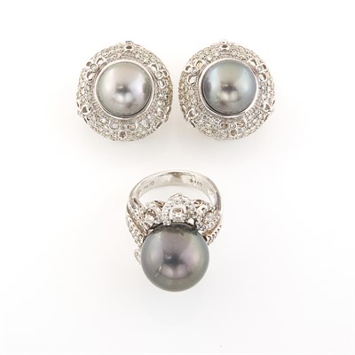Lot 1559 - Pair of White Gold, Black Cultured Pearl and Diamond Earrings and Ring
