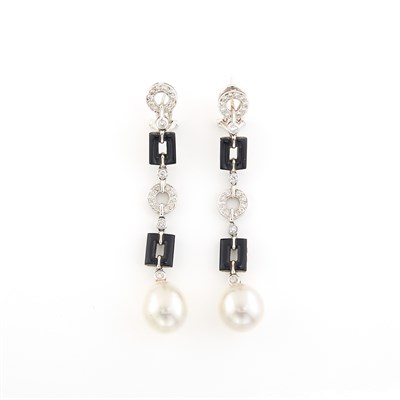 Lot 1394 - Pair of White Gold, Cultured Pearl, Black Onyx and Diamond Pendant-Earrings, Sophia