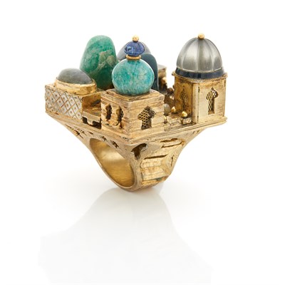 Lot 1053 - Oversized Brass and Hardstone Middle Eastern Architectural Ring