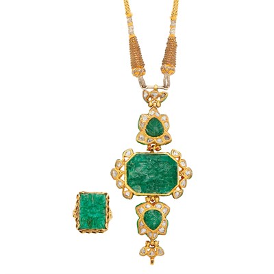 Lot 319 - Indian Gold, Jaipur Enamel, Carved Emerald and Foil-Backed Diamond Pendant on Cord Necklace and Ring