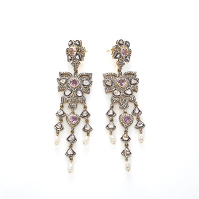Lot 1504 - Pair of Silver, Amethyst, Freshwater Pearl and Foil-Backed Diamond Pendant-Earrings