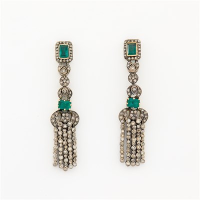Lot 1074 - Pair of Silver, Gold, Emerald and Diamond Pendant-Earrings