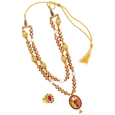 Lot 308 - Double Strand Indian Gold, Cabochon Ruby, Gem-Set and Cultured Pearl Pendant-Necklace on Cord and Ring