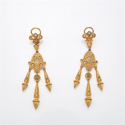 Lot 1043 - Pair of Gold, Emerald and Diamond Fringe Pendant-Earrings