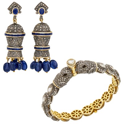 Lot 1656 - Pair of Indian Silver, Sapphire Bead, Sapphire and Diamond Pendant-Earrings and Bangle Bracelet