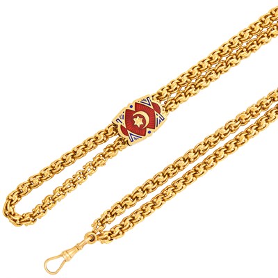 Lot 144 - Long Antique Gold Muff Chain with Enamel Slide