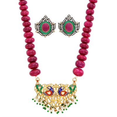 Lot 571 - Indian Gold, Ruby Bead, Enamel, Diamond and Freshwater Pearl Pendant-Necklace and Pair of Silver, Gold, Gem-Set and Diamond Earrings