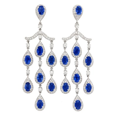 Lot 245 - Pair of Platinum, Sapphire and Diamond Girandole Pendant-Earrings
