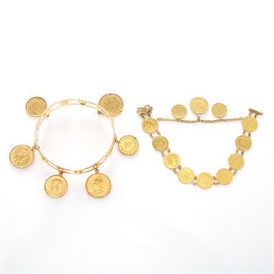 Lot 1046 - Gold and Gold Coin Bracelet and Bangle Bracelet